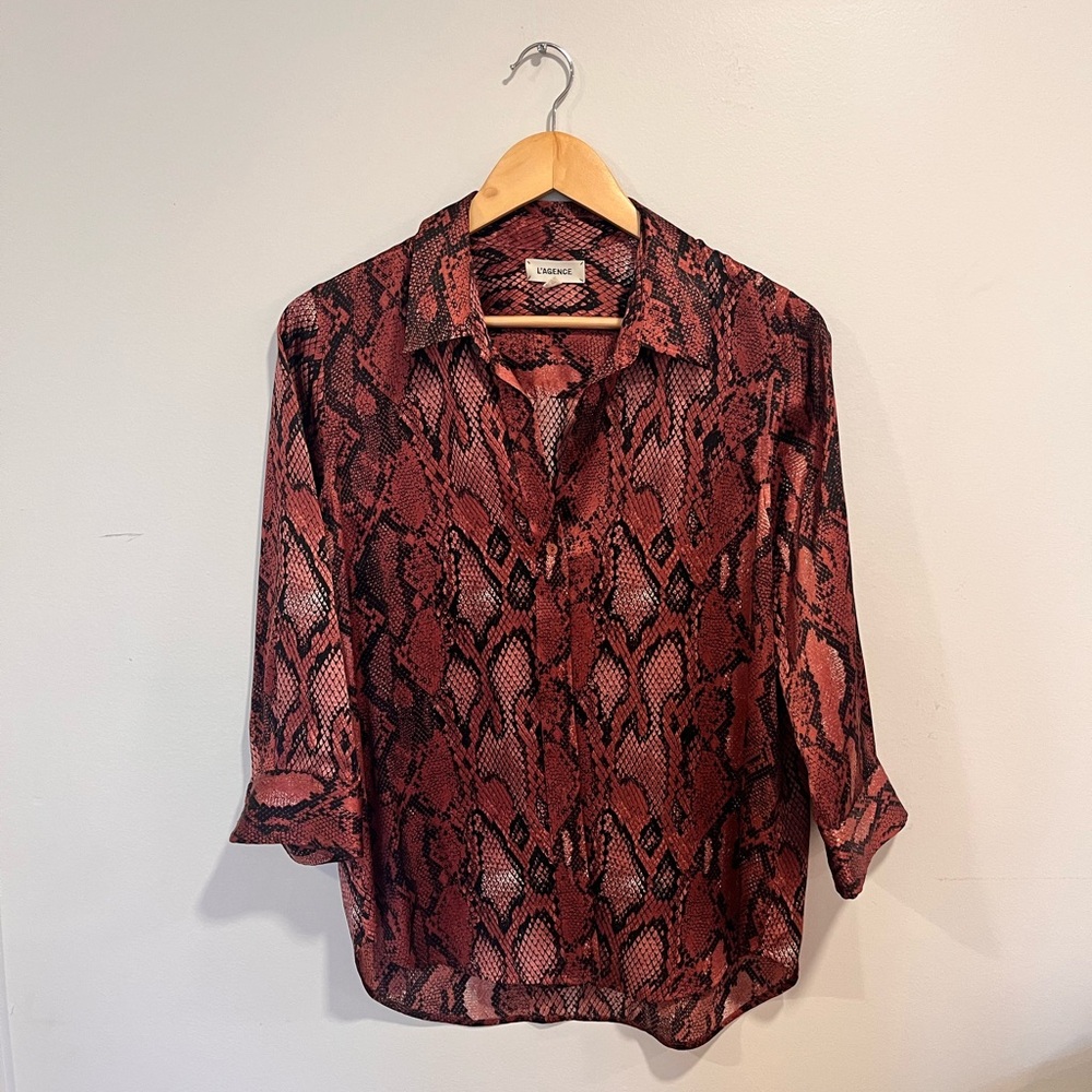 L’AGENCE Tyler 100% Silk Blouse in red snake print
